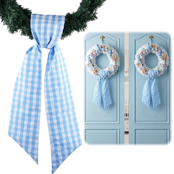 WarmFuPalace 2 Pack Blue White Plaid Wreath Sash Front Door Decoration, Blank Sashes Spring St Patrick Wedding Holiday Party Bow Ribbon Bundle Indoor Outdoor Farmhouse