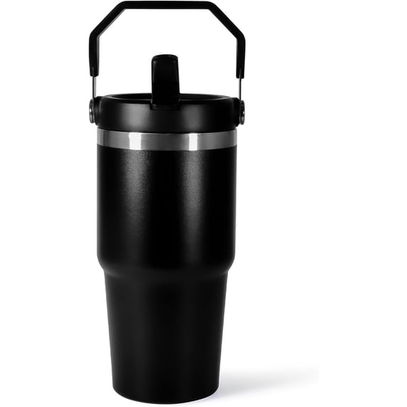2026New 20 oz Insulated Tumbler with Handle, Double Wall Stainless Steel Vacuum Travel Coffee Mug with Leak Proof Flip Straw Lid, Cupholder Friendly Water Bottle, Black