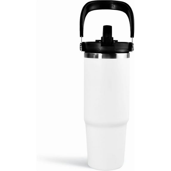 WarmH 30 oz Tumbler with Handle and Straw Lid, Double Walled Vacuum Insulated Water Bottle Leakproof Tumbler Travel Coffee Mug Thermal Cup, Cupholder Friendly for Office, Home, Sport, White