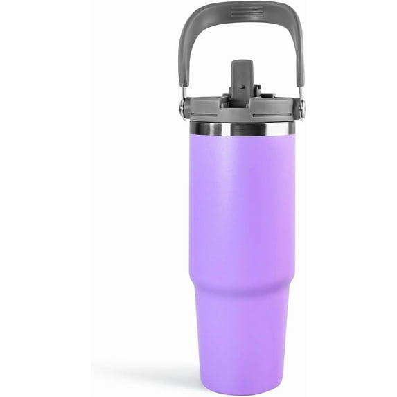 30 oz Tumbler with Handle and Straw Lid, Double Walled Vacuum Insulated Water Bottle Leakproof Tumbler Travel Coffee Mug Thermal Cup, Cupholder Friendly for Office, , , Purple