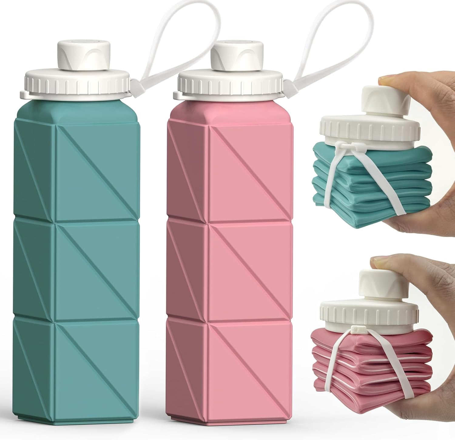 WarmH Collapsible Water Bottles 2 Pack, Silicone Foldable Portable Travel Water Bottle 20.6oz, Folding Lightweight Reusable Leakproof for Traveling Camping Hiking Cycling Yoga Sports Outdoor