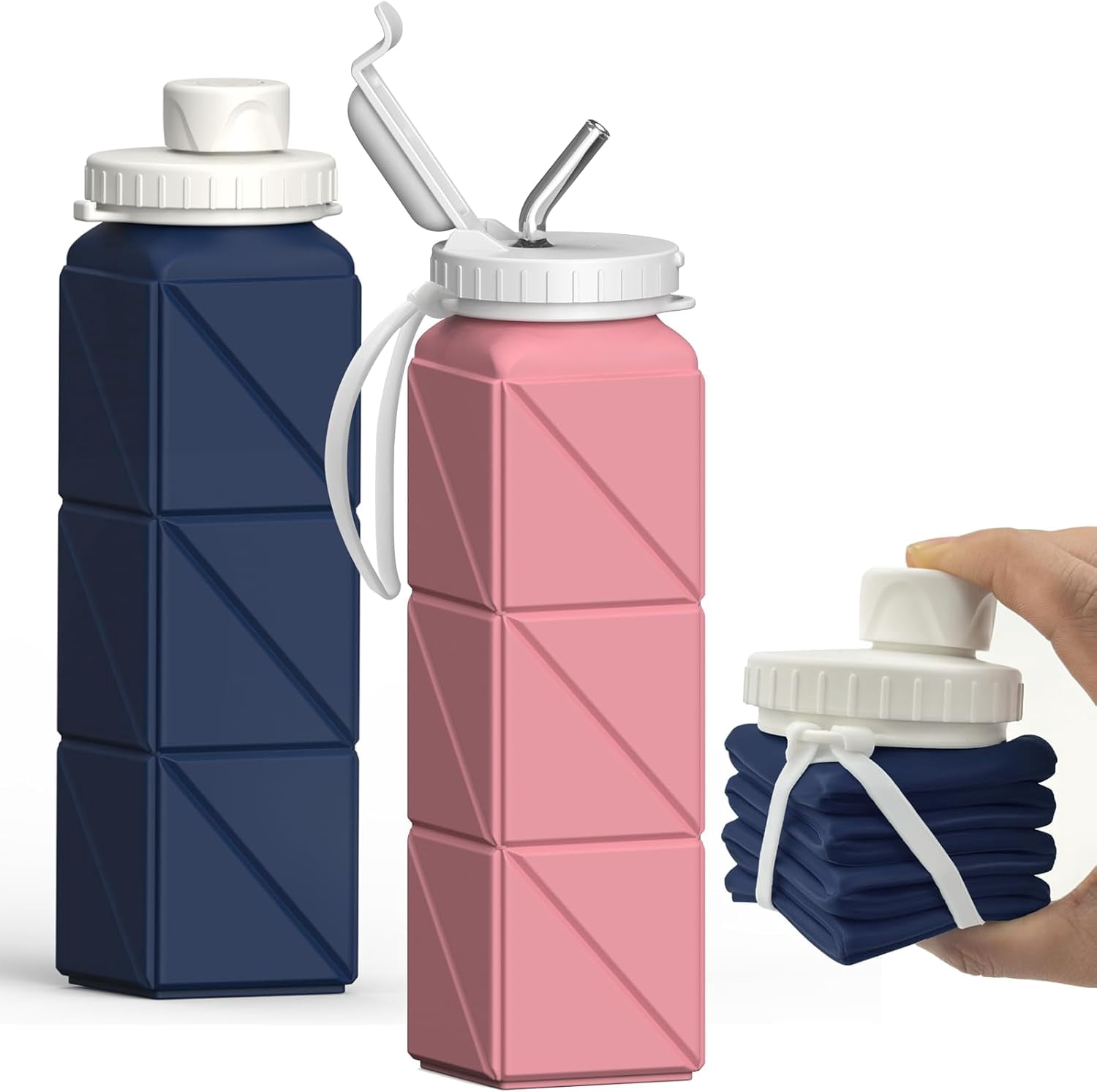 WarmH Collapsible Water Bottles 2 Pack, Silicone Foldable Portable Travel Water Bottle 20.6oz, Folding Lightweight Reusable Leakproof for Traveling Camping Hiking Cycling Yoga Sports Outdoor