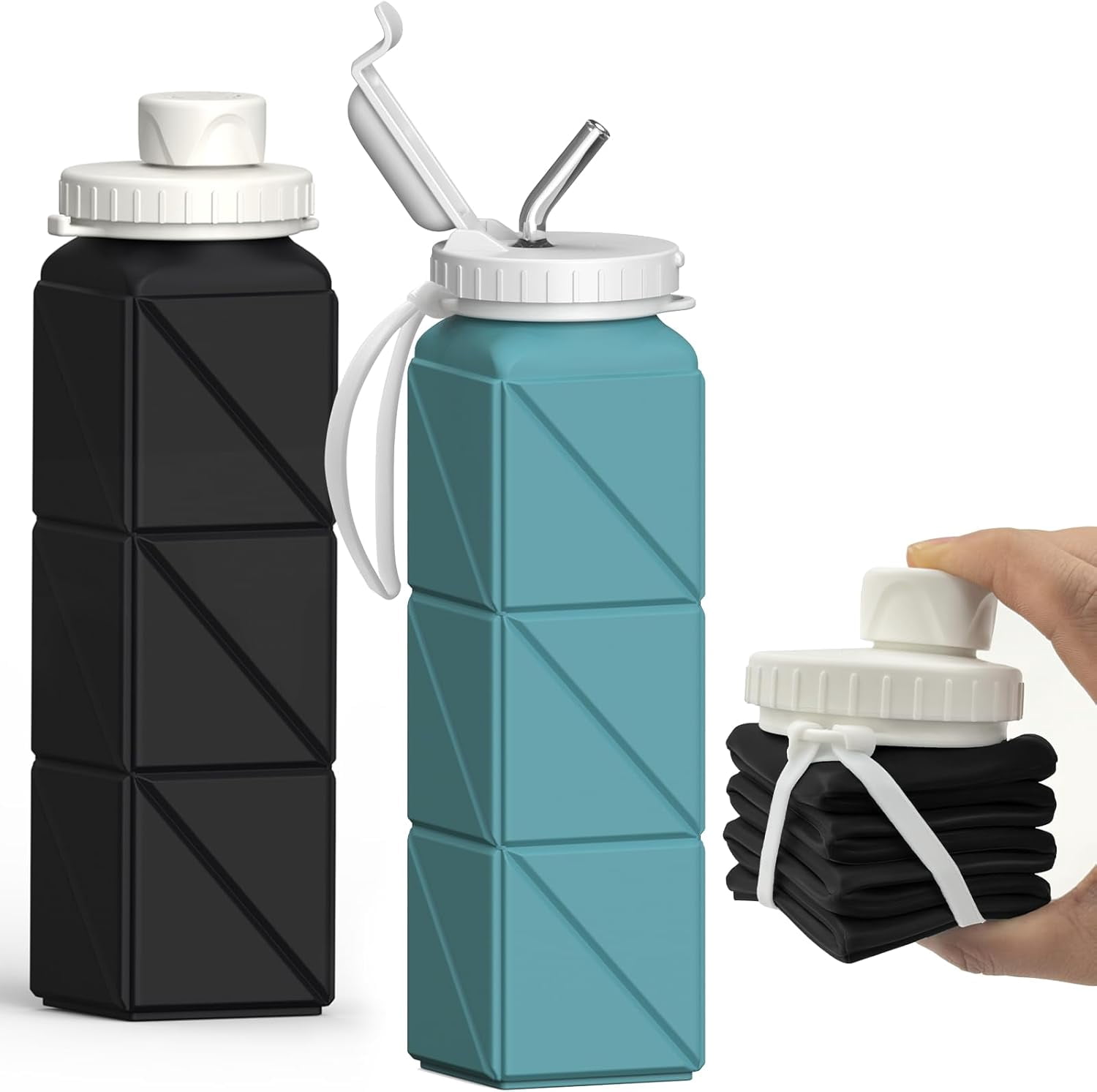 WarmH Collapsible Water Bottles 2 Pack, Silicone Foldable Portable Travel Water Bottle 20.6oz, Folding Lightweight Reusable Leakproof for Traveling Camping Hiking Cycling Yoga Sports Outdoor