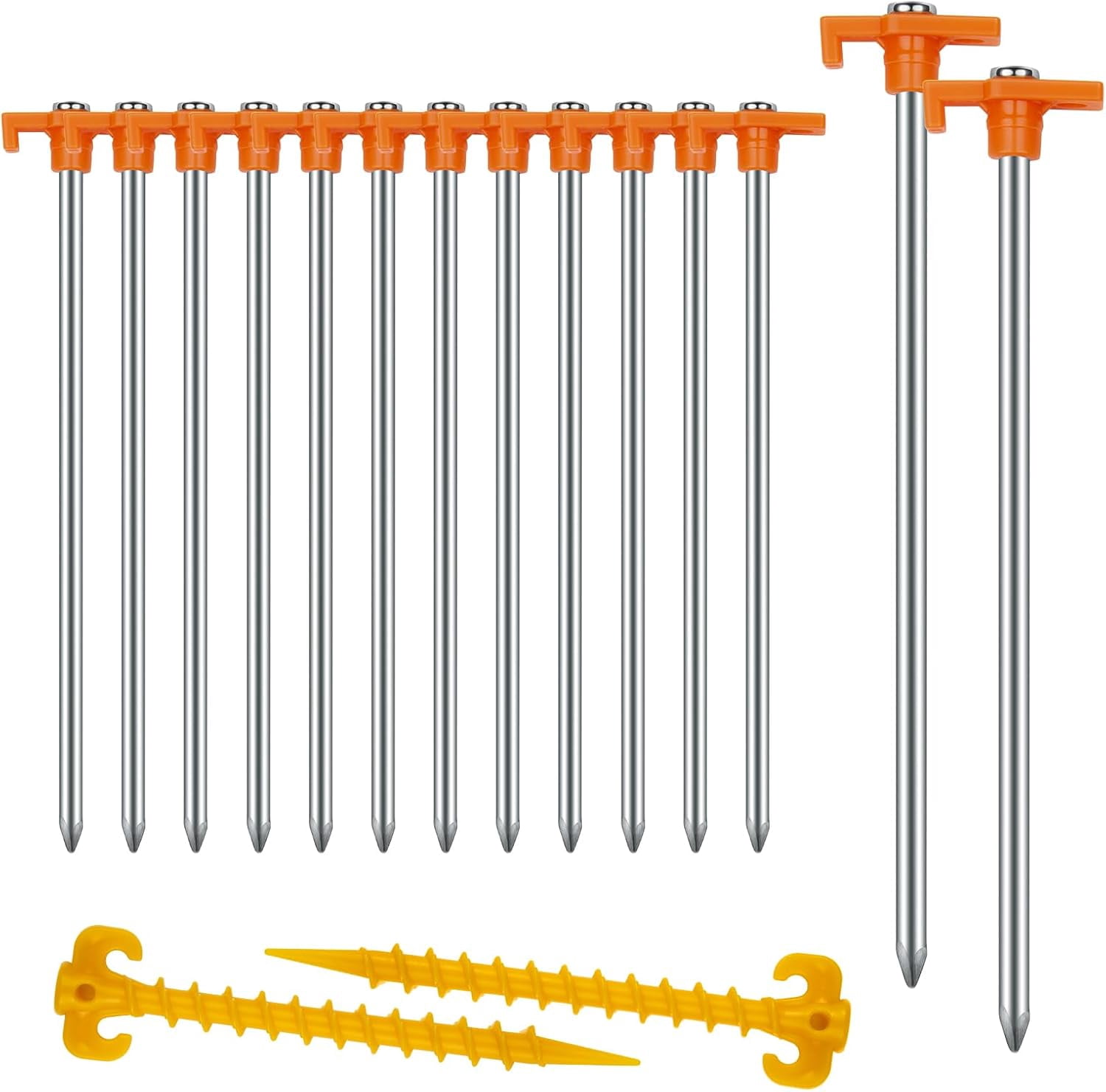 WarmH Tent Stakes Heavy Duty Camping Stakes, 7.1/9.8inch Non-Rust Metal Tent Pegs Ground Stakes Tent Spikes Camping,Garden,Hiking Green/Orange/Black (Orange 12+2pcs, 10IN)