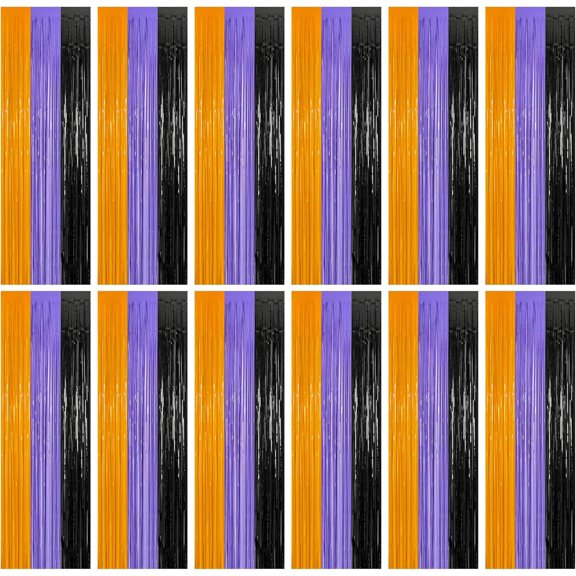 WarmHaven 12 Pack Halloween Decor, 3.28 FT x 7.05 FT Orange Purple Black Fringe Curtains, Funny Wall Backdrop Photo Booth Backdrop Party Streamer, Halloween Foil Decorations Photo Booth Props