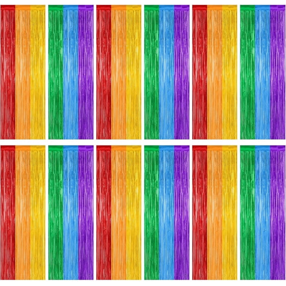 WarmHaven 12 Pack Rainbow Backdrop, 3.28 FT x 7.05 FT Pride Decorations, Metallic Fringe Curtains Party Streamer Tinsel Backdrop, Rainbow Foil Curtains Birthday Party Decor Photo Booth Props