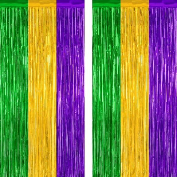 WarmHaven 2 Pack Mardi Gras Tinsel Backdrop, 3.28 FT x 7.05 FT Metallic Fringe Curtain, Purple Gold Green Color Foil Backdrop Party Streamer, Mardi Gras Photo Booth Props Lobster Party Decorations