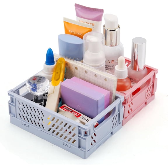 WarmHaven 2-Pack Mini Plastic Baskets for Shelf Storage Organizing,Durable and Folding Storage Crate,Ideal for Home Kitchen Classroom and Office Organization,Bathroom Storage (5.9x3.8x2.2 inches)