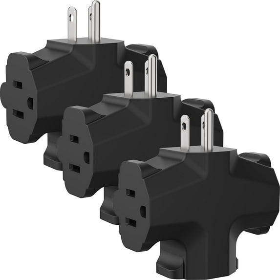WarmHaven 3 Way Plug Adapter, 3 Plug Wall Adapter, 3 Prong, Grounded, 15A, 1875W, Multiple Plug Expander for Home, Outdoor, ETL Listed, Black, 3PACK