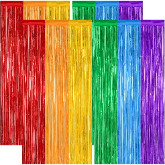 WarmHaven 4 Pack Pride Decorations, 3.28 FT x 7.05 FT Rainbow Backdrop, Metallic LGBT Party Decor Foil Tinsel Party Streamer Backdrop Curtains, Rainbow Curtains Birthday Photo Booth Props