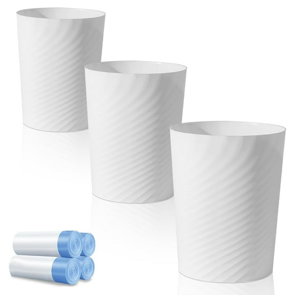 WarmHaven Bathroom Small Trash Can with Trash Bag Plastic Garbage Can Round Waste Basket for Bathrooms, Laundry Room, Kitchens, Offices, Kids Rooms, Dorms, 1.8 Gallons, 3 Pack (White)