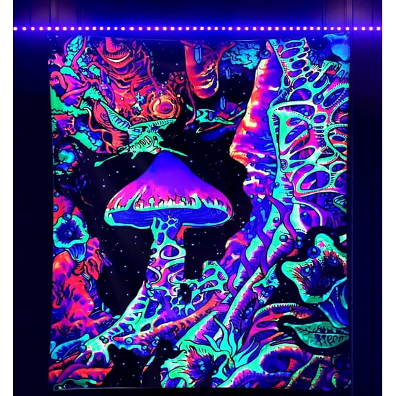 WarmHaven Blacklight Mushroom Tapestry, Upright Tapestry Glow In The Dark, UV Reactive Black Light Tapestries Posters Wall Hanging for Bedroom Dorm Living Room Backdrop Decor (mushroom, 30" x 40")