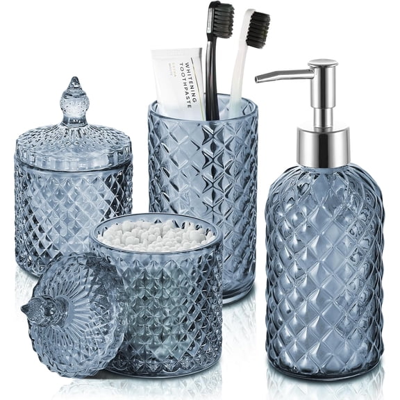 Blue 4-Piece Bathroom Accessories Set with Diamond-Textured Glass Soap Dispenser, Toothbrush Holder, Cotton Swab Container, and Cotton Ball Jar