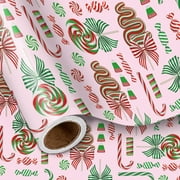 WarmHaven Christmas Candy Wrapping Paper Roll for Girls Kids, Pink Sweet Candy Canes with Peppermints Lollipops Design for Xmas Sweet-Themed Presents, Mini Roll 17in x 16.4 Ft