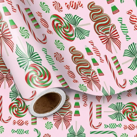 WarmHaven Christmas Candy Wrapping Paper Roll for Girls Kids, Pink Sweet Candy Canes with Peppermints Lollipops Design for Xmas Sweet-Themed Presents, Mini Roll 17in x 16.4 Ft