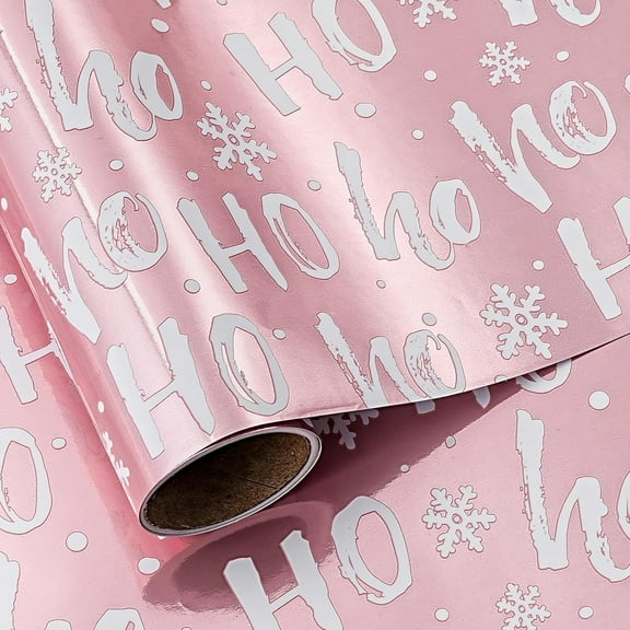 WarmHaven Christmas Wrapping Paper Roll for Girls Women, Ho Ho Ho Lettering on Pink Metallic Foil, Mini Roll 17 in x 9.8 Ft, Glossy Gift Wrap with Snowflakes & Cutting Grid