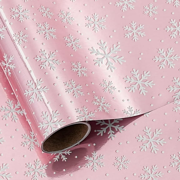 WarmHaven Christmas Wrapping Paper Roll for Girls Women, Pink Metallic Foil Snowflake Pattern, Mini Roll 17 in x 9.8 Ft, Glossy Foil Gift Wrap with Cutting Grid