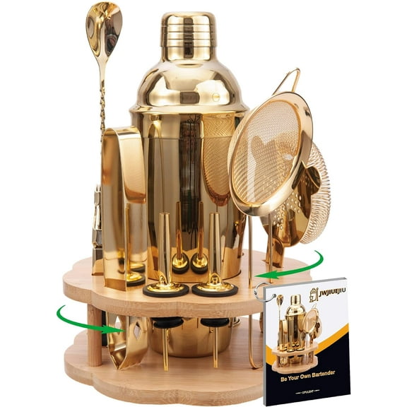 WarmHaven Cocktail Shaker Set Bartender Kit with Rotatble Bamboo Stand,11 Piece Bar Set Stainless Steel Bar Accessories for Drink Mixing, Bar, Home, Party (Gold)