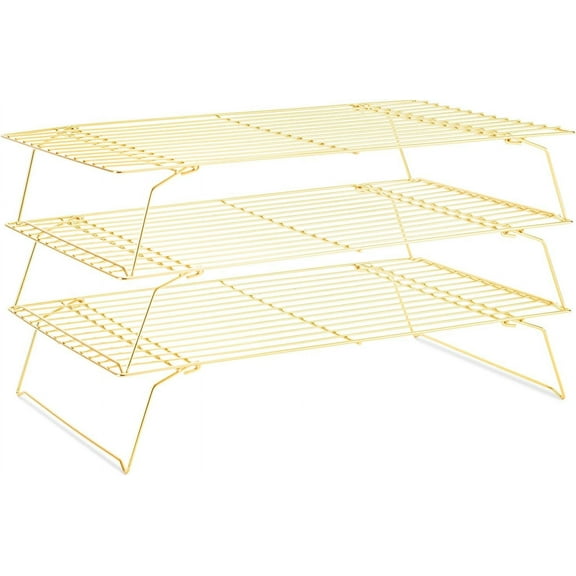 WarmHaven Cooling Rack for Baking 3 Tiers, 16" x 10" Cookie Cooling Wire Rack Stackable Collapsible Nonstick, Stainless Steel Baking Cooking Cooling Racks with Optimum Air Flow, Gold