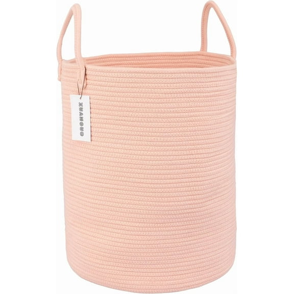 WarmHaven Cotton Rope Laundry Basket Hamper for Clothes Woven Storage Basket for Living Room Bedroom Boho Tall Rope Baskets for Blanket Toys Pillow Towels Baby Nursery Hamper Bin coral pink