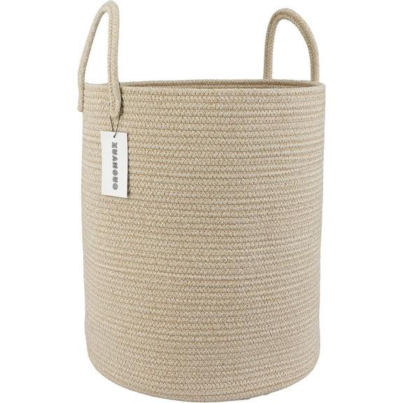 WarmHaven Cotton Rope Laundry Basket Hamper for Clothes Woven Storage Basket for Living Room Bedroom Boho Tall Rope Baskets for Blanket Toys Pillow Towels Baby Nursery Hamper Bin oatmeal