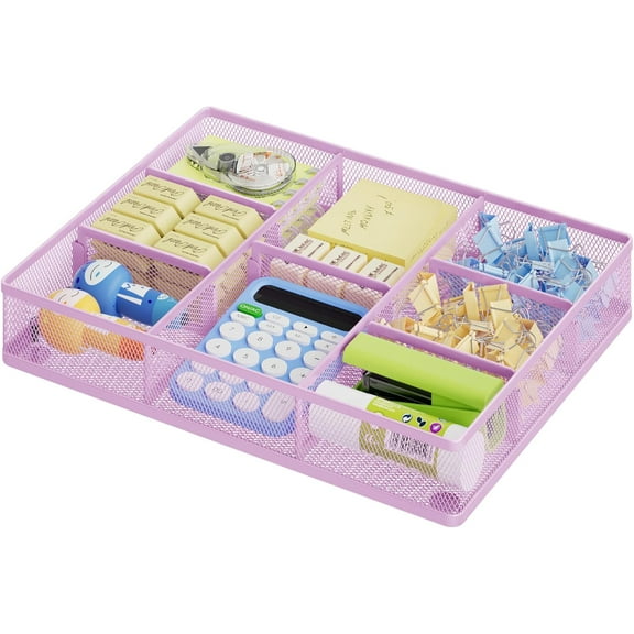 WarmHaven Desk Drawer Organizer, Metal Mesh Drawer Organizer Tray with 5 Adjustable Compartments,Desk Organizers and Accessories for Home,Office,Kitchen,Makeup,Vanity (Purple)