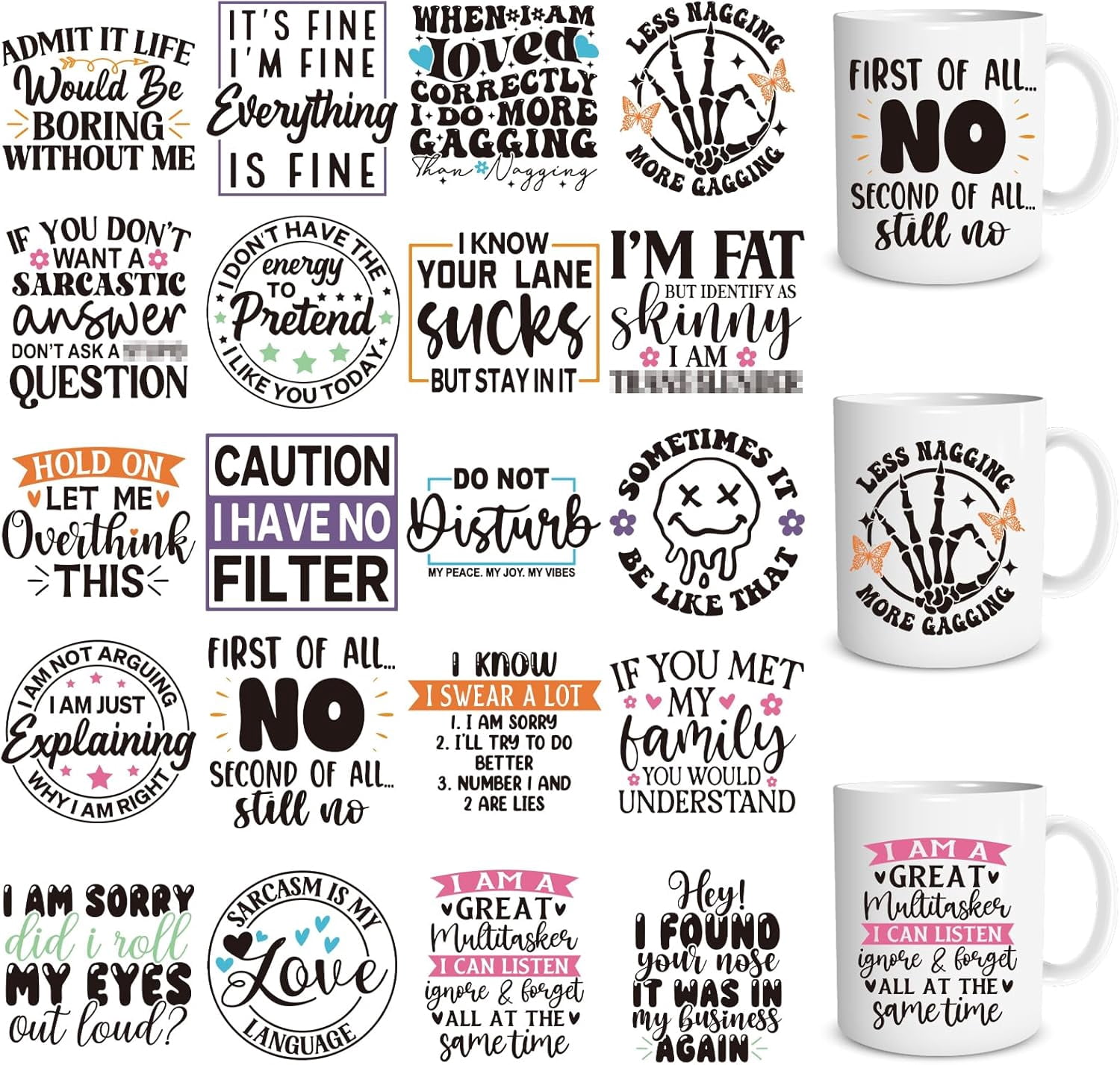 WarmHaven Funny UVDTF Cup Wrap - 20 Sheets Sarcastic UV DTF Cup Wraps for 16 OZ Glass, Humorous UV DTF Decals, Waterproof Rub on Transfer Stickers for Water Bottle Mug Tumbler, DIY Crafts