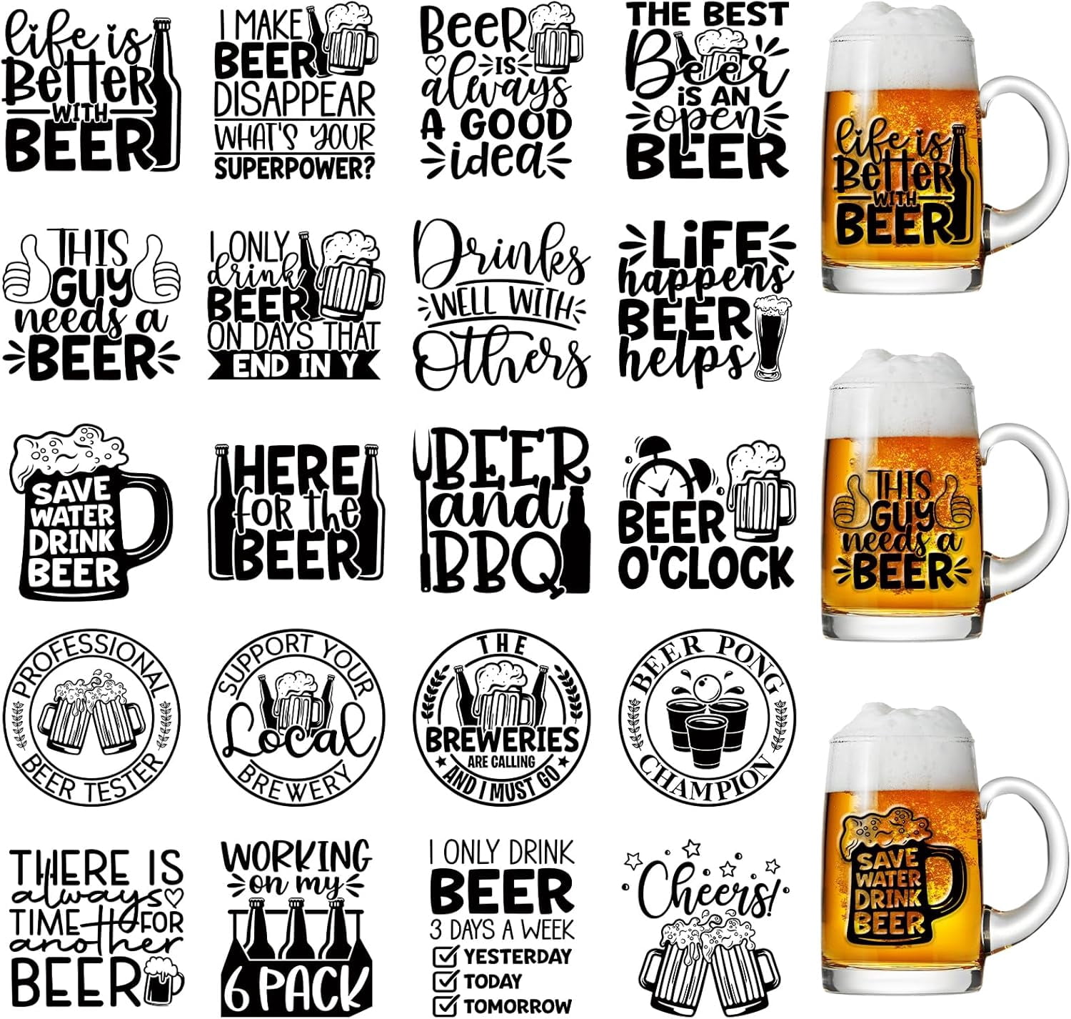 WarmHaven Funny UVDTF Cup Wraps - 20 Sheets Beer UV DTF Decals for 16 OZ Glass, Drink Black Margs and Matrimony Bachelorette Stickers, Rub on Transfers for Water Bottle Mug, DIY Crafts