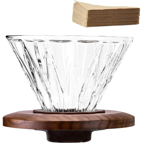 WarmHaven Glass Coffee Dripper with 100 pcs of Size 02 Paper Filter, Borosilicate Glass & Walnut Collar, Pour Over Coffee Maker, 1-3 Cups, Clear