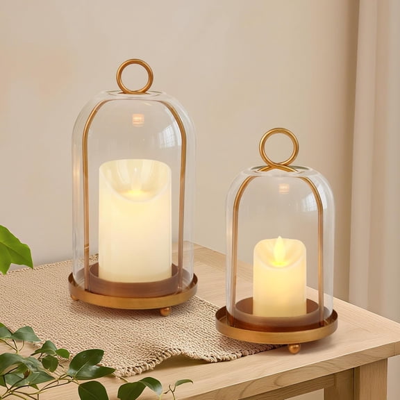 RFGUB Glass Hurricane Candle Holder Decorative Gold Candle Lantern, Pillar Candlestick Holders Set of 2, Hanging Metal Holder Modern Table Centerpieces, Antique Brass