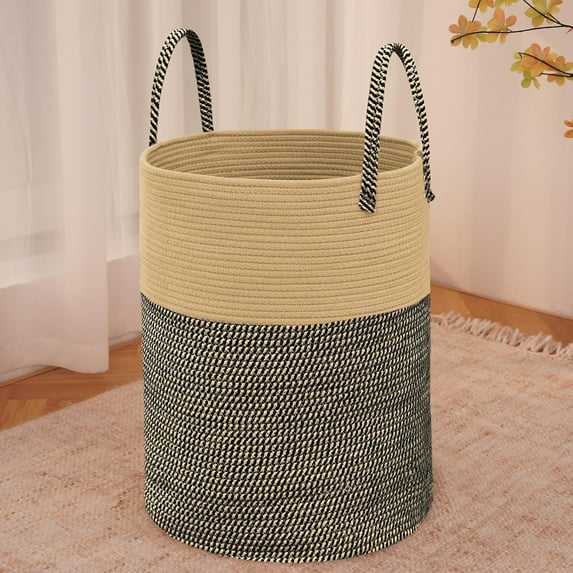 WarmHaven Large Woven Laundry Basket Hamper,60L Cotton Rope Storage Bin for Blankets,Toys and Clothes,Decorative Tall Nursery Hamper for Living Room,Baby Nursery,Bathroom and Bedroom,Brown and Black
