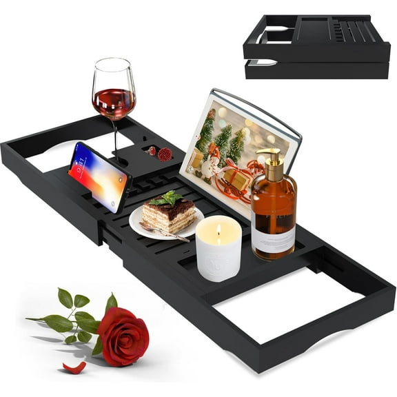 WarmHaven Luxury Bathtub Caddy Tray for Tub - Foldable Bamboo Bath Table Tray with Book and Wine Glass Holder, Expandable Bathroom Accessories for Spa or Reading Lite Style,Black