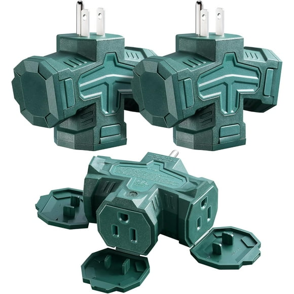 WarmHaven  Outdoor 3 Way Plug Adapter, Multi Plug Outlet Waterproof, 1 to 3 Power Splitter, Electrical 15A Multiple Outlet Extender with Cover for Outside Garden Garage, Green, ETL Listed, 3 Pack