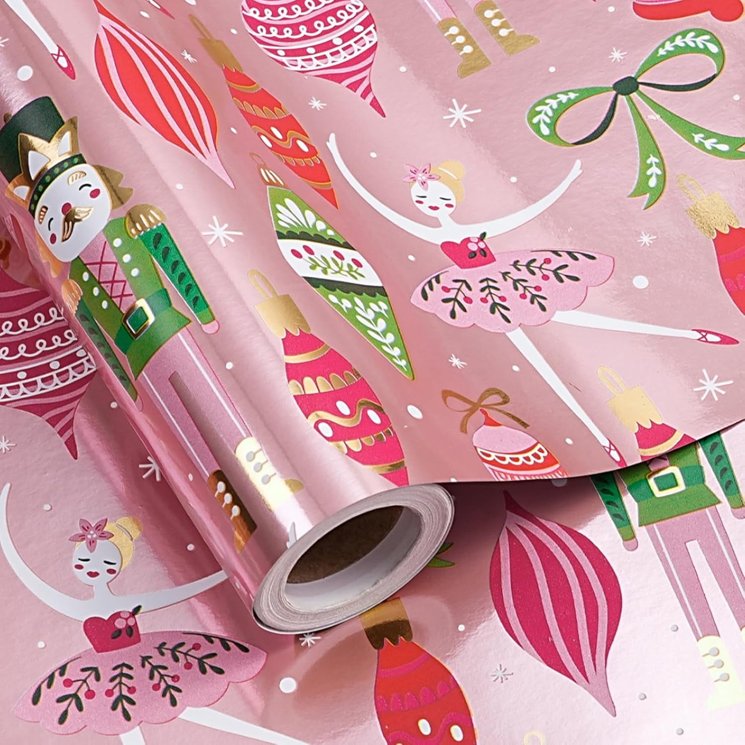 WarmHaven Pink Nutcracker Christmas Wrapping Paper Roll, Nutcracker Ballerina Festive Ornaments, Rose Gold Foil Design for Winter Holidays, for Girls Kids Women, Mini Roll 17 in x 16.4 Ft