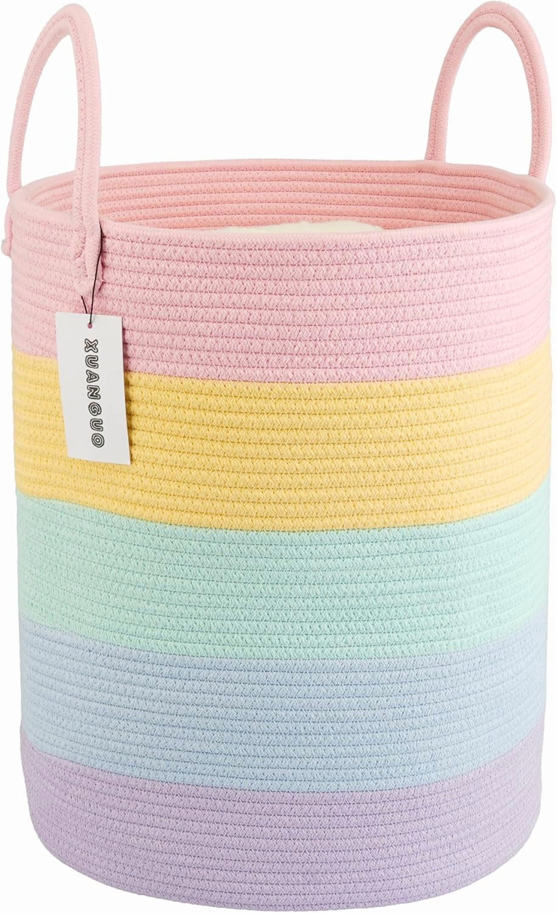 WarmHaven Rope Laundry Basket Hamper for Kids Girl Woven Storage Basket for Living Room Bedroom Boho Tall Baskets for Blanket Toys Pillow Towels Baby Nursery Hamper Bin rainbow