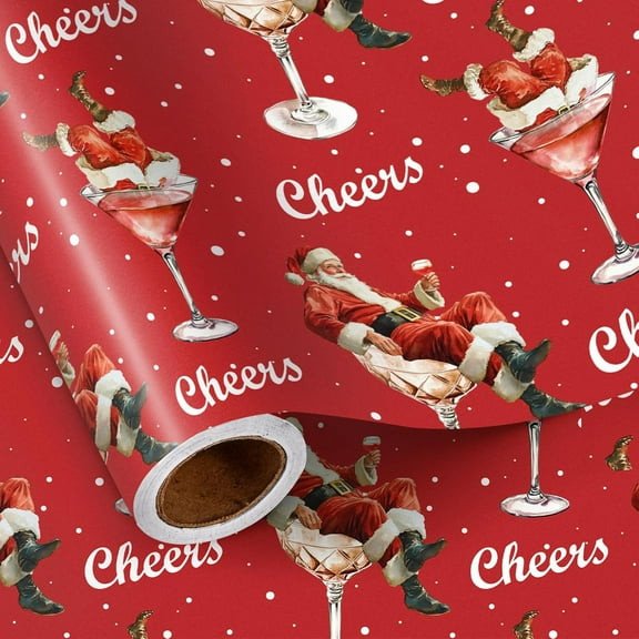 WarmHaven Sassy Santa Wrapping Paper Roll, Santa in Martini Glass Cheers Funny Design in Red Holiday Gift Wrap for Christmas, 17 Inches x 16.4 Feet Mini Roll