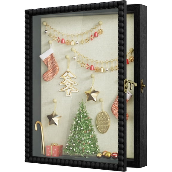 WarmHaven Shadow Box Frame 11x14, Deep Large Shadow Box Display Case with Unique Beads Door and Glass Window, Wood Memory Box for Pictures,Medals,Memorabilia,Collections Black