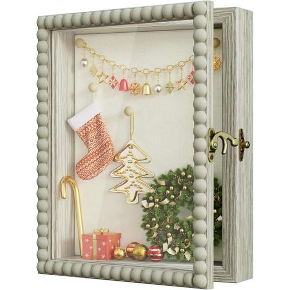 WarmHaven Shadow Box Frame 8x10,Wood Deep Shadow Box Display Case with Unique Beads Door and Glass Window, Memory Box for Pictures,Medals,Memorabilia,Collections Rustic Grey