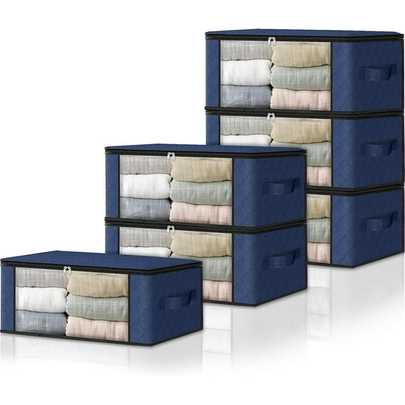 WarmHaven Storage 6-Pack Clothes Organizer Storage Bags Foldable Storage Box with Large Clear Window Sturdy Handles for Closet, Dorm, Pillows, Bedding, Clothes, Blankets, 35L, Blue