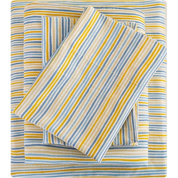 WarmHaven Striped Queen Bed Sheets, Deep Pocket 4 Piece Queen Sheet Set, Soft Microfiber Blue Yellow Pinstripe Bedding Sheets & Pillowcases