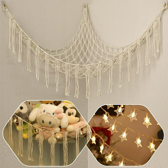 WarmHaven Stuffed Animals Net or Hammock with LED Light, 59 inch Toy Hammock Net for Stuffed Animals Corner Hanging Stuffed Animal Storage Stuffed Animal Holder for Nursery Kids Bedroom (White)