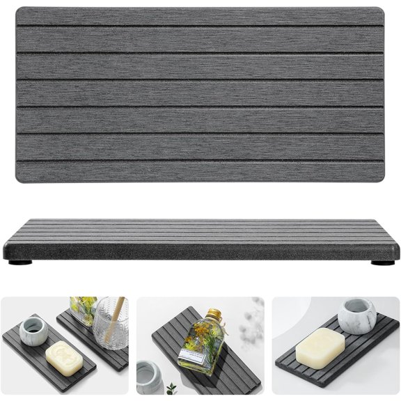 WarmHaven2PCS Diatomite Quick Stone Drying Tray Mat For Bathroom & Kitchen Counter,Instant Dry Water Absorbent Drink Bar Coaster,Vanity Sink Caddy Organizer,Dish Soap Sponge Holder, Dark Gray,8"x3.8"