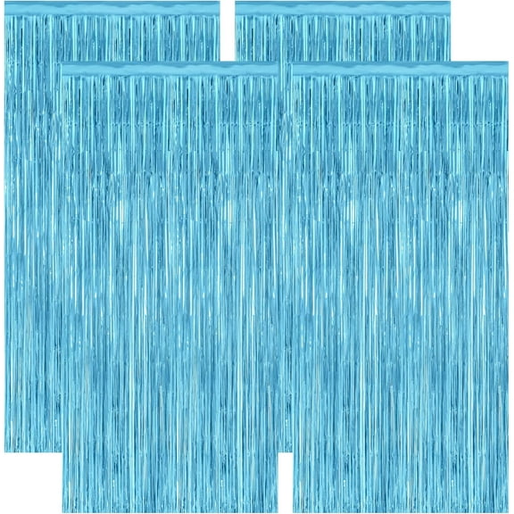 WarmHaven4 Pack Party Decorations, 3.28 FT x 7.05 FT Blue Foil Streamers, Metallic Sky Blue Backdrop Fringe Curtains Bithday Back Drop, Winter Backdrop for Party Supplies Door Decor Hanging