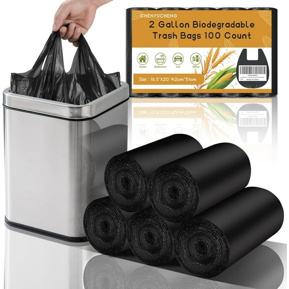 WarmHavenSmall Bathroom Trash Bags 2 Gallon - Black Mini Garbage Bags With Handle Biodegradable Compostable 100 Count Kitchen Office Car Little Waste Basket Unscented Tiny Liners Strong Thick