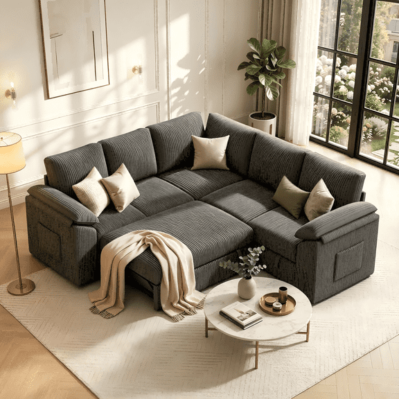 VOPED 5 Seaters Modular Sectional Sofa, Plush Corduroy Sleeper Sofa Bed with Storage Seat&Side Pocket,Pull Out Couch Bed,V Shaped Sectional Couches for Living Room