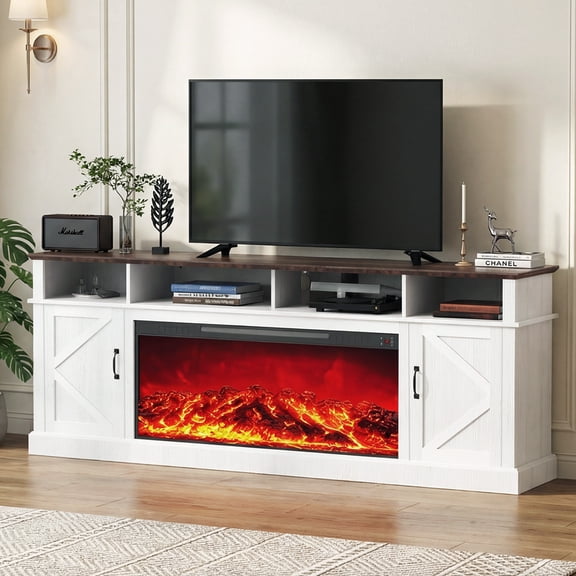 VOPED Fireplace TV Stand for TVs Up to 90", Electric Fireplace with Media Console with Storage, Adjustable Shelves & Sliding Barn Doors