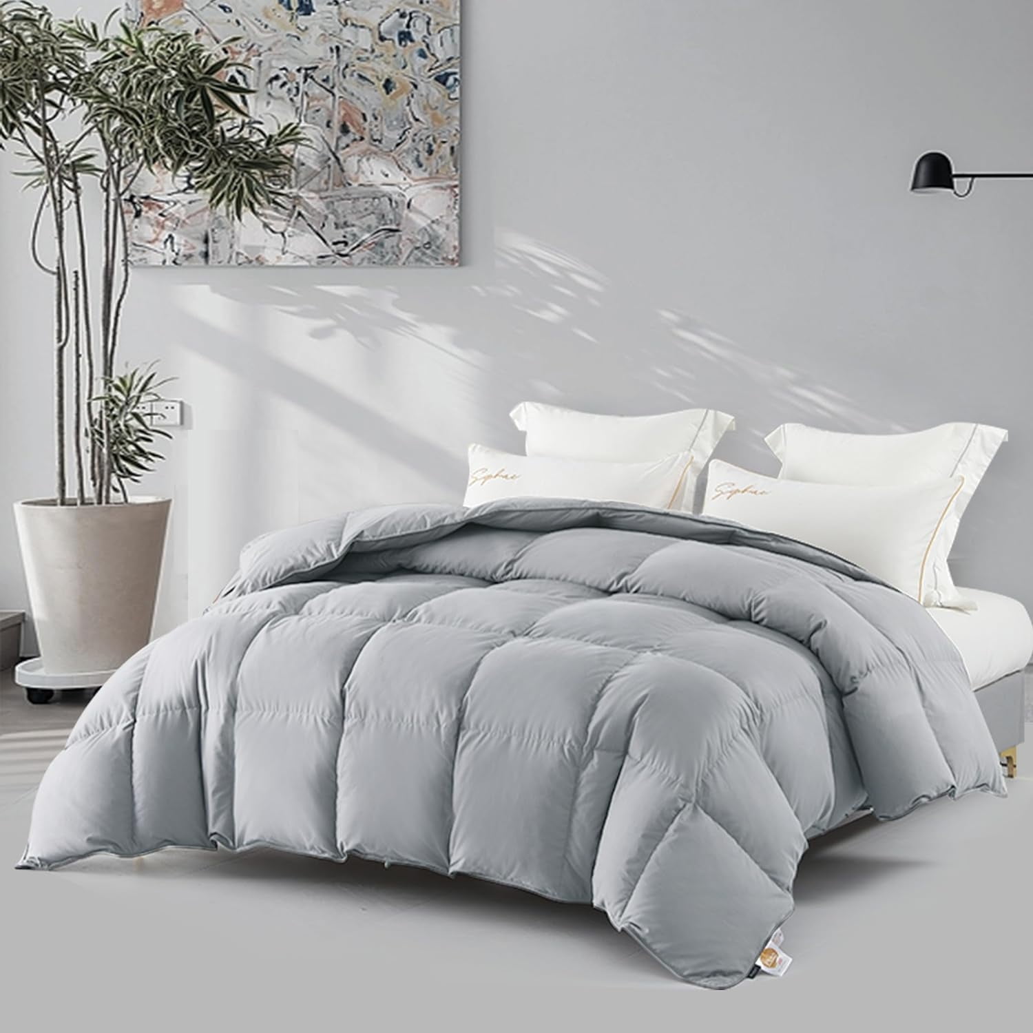 Elemuse Down Comforter Twin Size, All Season Soft and Fluffy Duvet Insert, 50% Feather Fill Bed Comforters, Luxury Tencel Cover (68×90, Grey)