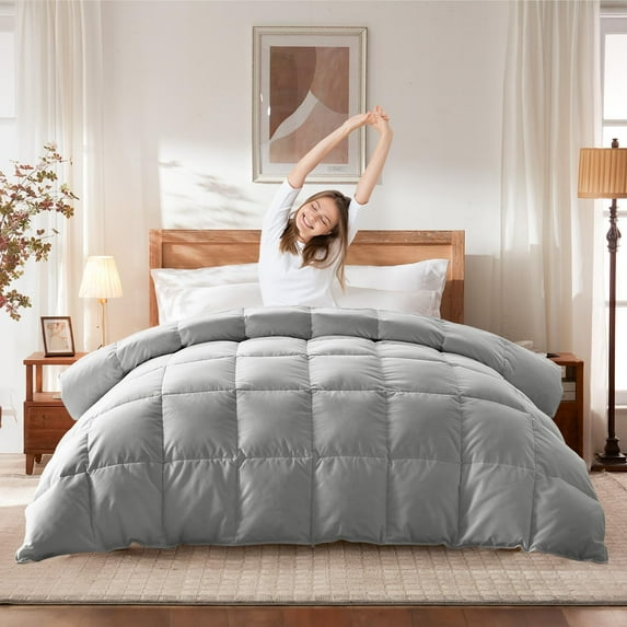 WarmKiss Twin Size Goose Feather Down Comforter – Ultra-Soft 100% Cotton Cover, Moisture-Wicking, Natural Kapok Fill, 35oz Medium Warmth, All-Season Fluffy Duvet Insert (68x90, Grey)