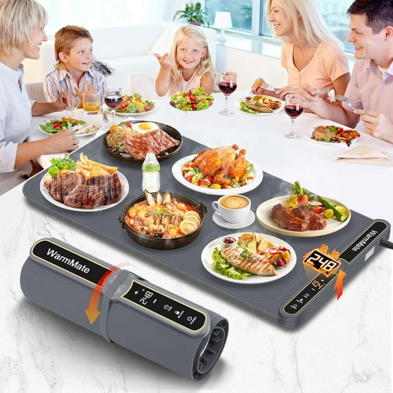 WarmMate Food Warming Mat,Electric Warming Tray with 9-Level Precision Control, 6H Timer,8s Full Surface Rapid Heating, Ideal for Buffets, Parties & Gatherings (Roll-Up Design,Dark Grey) C95