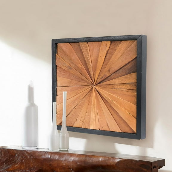 Warmaxx Rustic Teak Wood Framed Wall Décor Aesthetic 17" x 17" Farmhouse Wall Art Decoration Home Office Dorm Neutral Square Handmade Sunrise Pattern Wooden Wall Décor Living Room Bedroom Hallway
